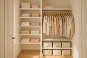 A neatly organized, sunlit walk-in closet with labeled containers, folded clothes, and a peaceful, tidy atmosphere—perfect example of how to declutter a closet.