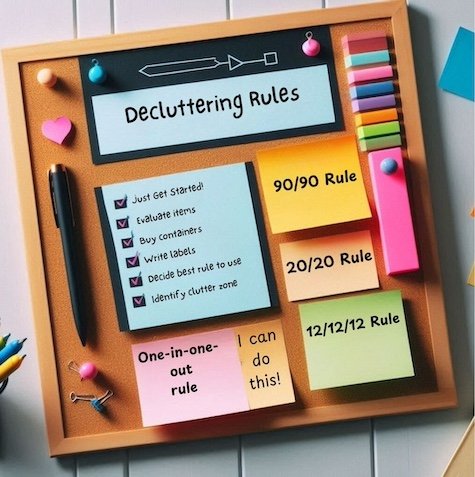 Decluttering Rules Noticeboard with postit notes of rules and todos