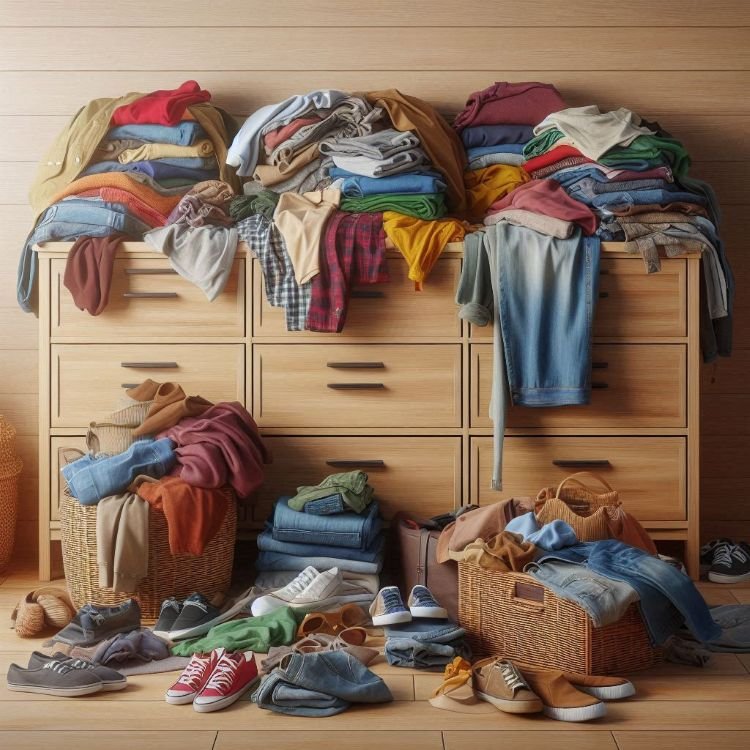 Cluttered wooden dresser overflowing with piles of clothes, shoes, and baskets—showing a before example of why you need to learn how to declutter.
