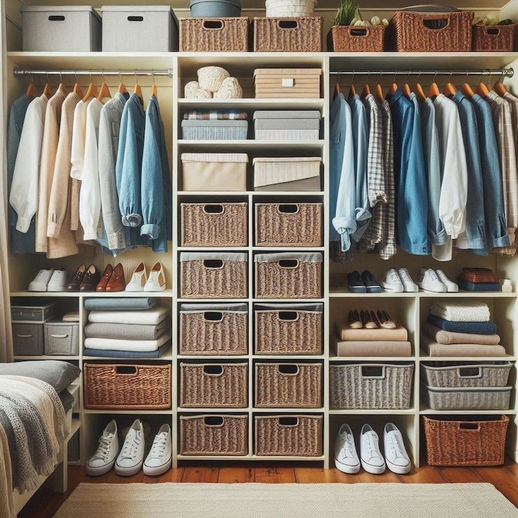 Organized closet full of clothes, decorative bins and neatly folded clothes