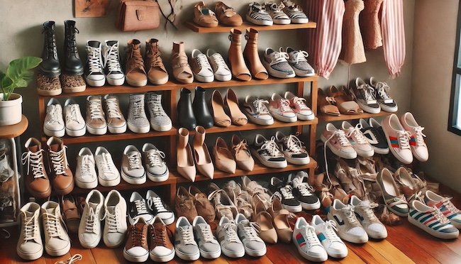 Neatly organized collection of shoes arranged by type and color on open racks—an example of how to declutter your footwear with style and order.