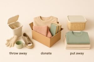 Minimalist flat lay showing three piles labeled throw away, donate, and put away with corresponding items like gloves, books, and folded clothes—illustrating the 12-12-12 decluttering process.