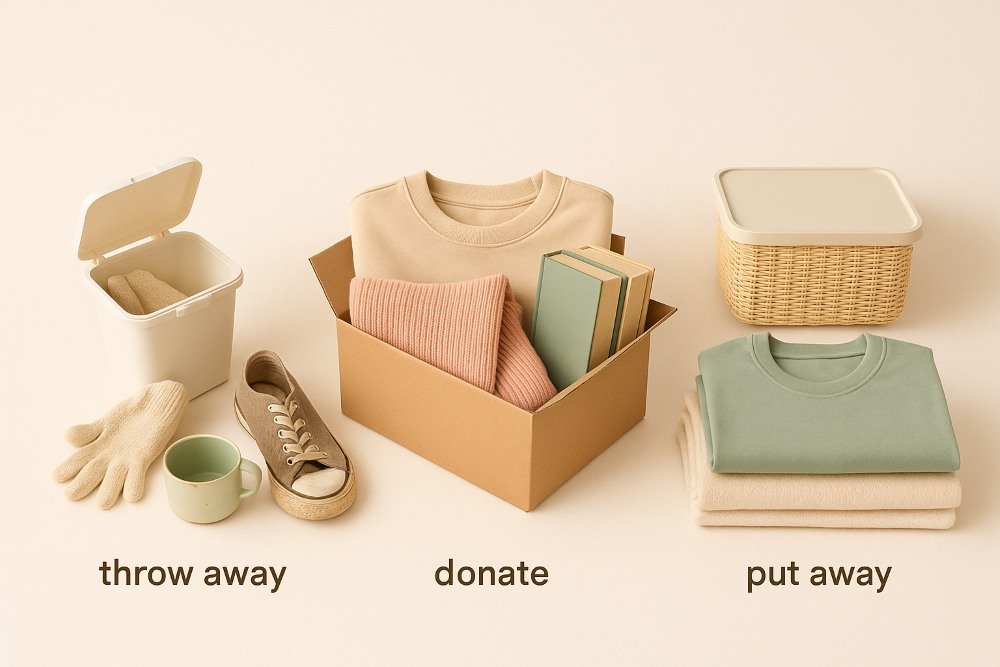 Minimalist flat lay showing three piles labeled throw away, donate, and put away with corresponding items like gloves, books, and folded clothes—illustrating the 12-12-12 decluttering process.