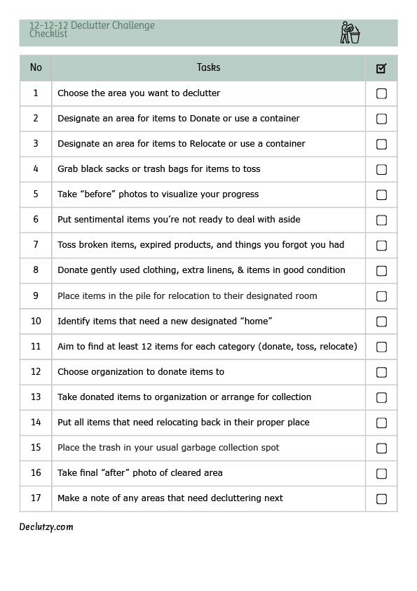 A 17-step checklist for the 12-12-12 Declutter Challenge, guiding users through organizing, sorting, donating, tossing, and relocating household items with boxes for task completion.