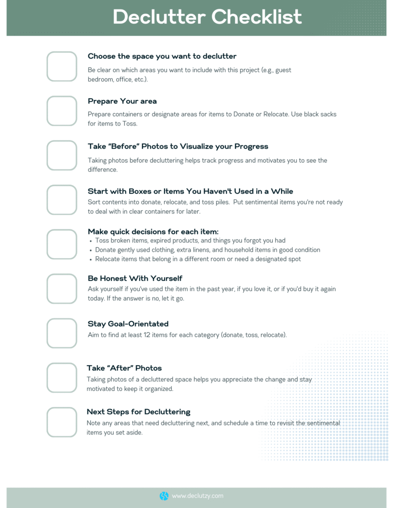 Printable declutter checklist with step-by-step instructions for organizing and simplifying your home.