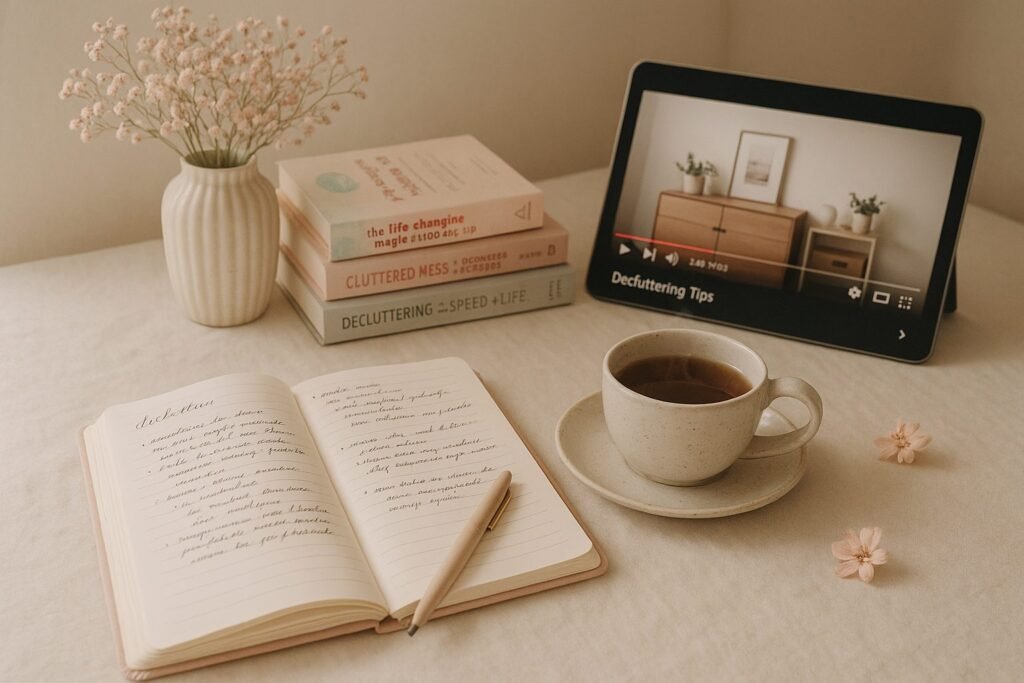 A cozy, softly lit workspace with an open notebook filled with handwritten notes, a stack of decluttering books, a tablet showing a paused YouTube tutorial, and a steaming cup of tea.