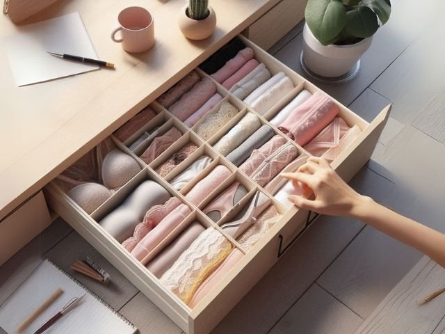Neatly folded underwear and bras arranged in a wooden drawer with dividers for an organized look.