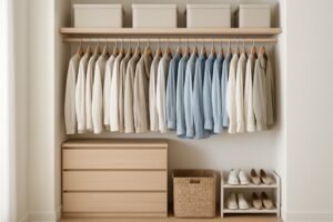 A perfectly organized minimalist closet showing how to organize your closet using matching hangers, neutral color coordination, labeled storage bins, and neatly arranged shoes.