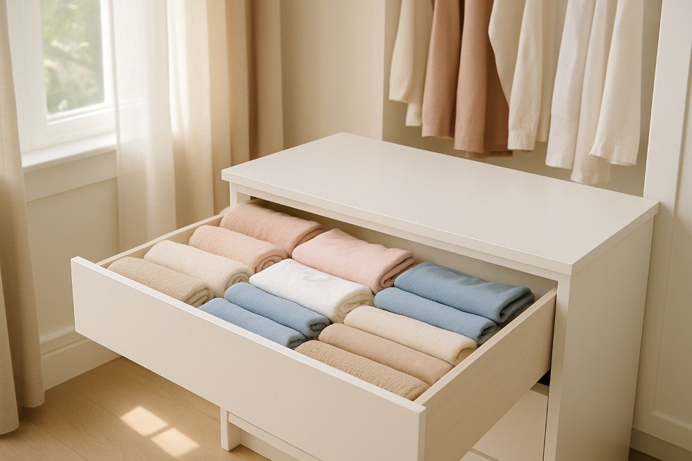 Minimalist wardrobe with neatly folded clothes in soft colors, showing how to declutter clothes for a calm, organized space.