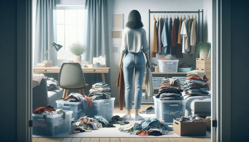 Woman standing in a cluttered room sorting clothes into piles and storage bins as part of a decluttering process.