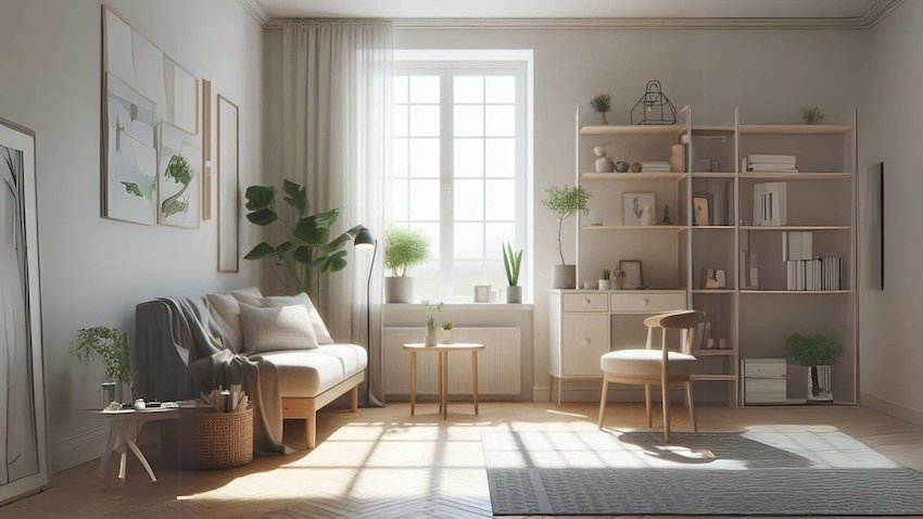 Bright and airy minimalist living room with natural light, simple furniture, and thoughtful decor — a perfect example of effective decluttering tips.