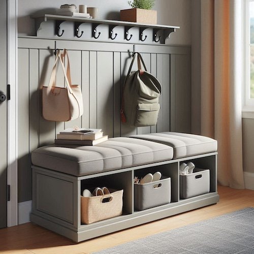 A soft gray bench with cubby-style compartments and fabric bins for organizing shoes, bags, and daily essentials in a tidy entryway setup.