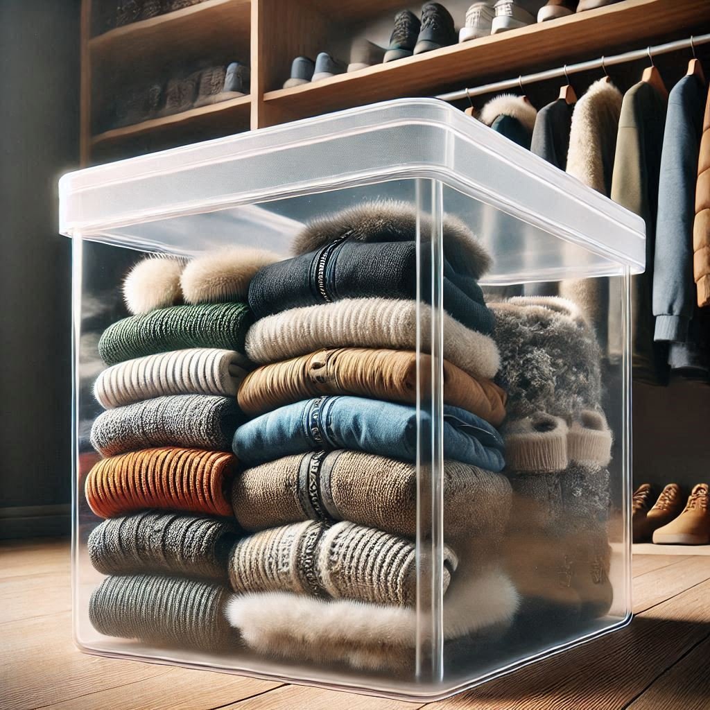 Folded sweaters stored in a transparent plastic bin placed in a closet for seasonal organization.