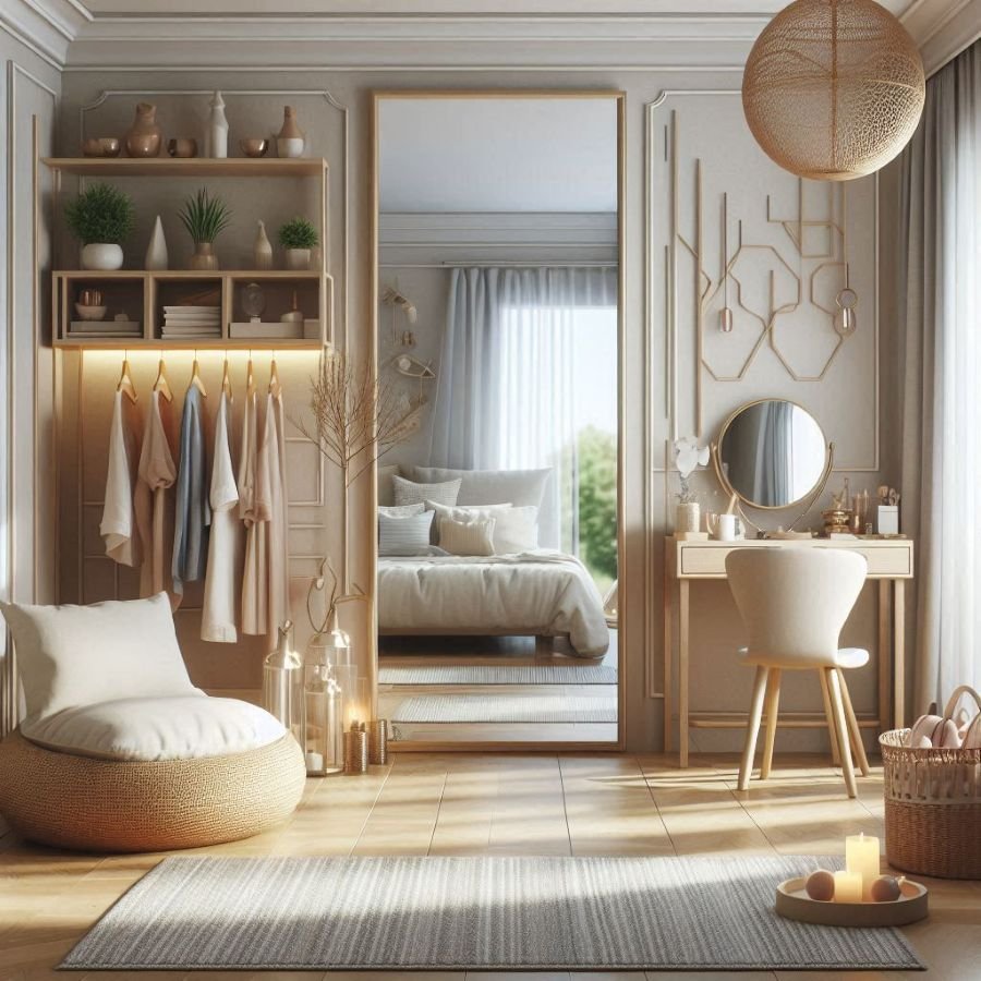 A bright and elegant bedroom with soft neutral tones, featuring a neatly arranged vanity, hanging clothes, and a large mirror reflecting a tidy bed.
