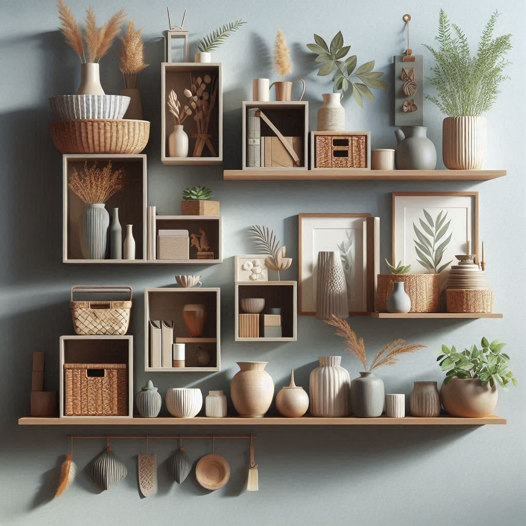 Floating shelves and box frames arranged on a blue wall, featuring plants, vases, books, and baskets that blend decoration with functional storage.